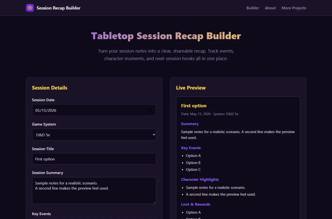 Screenshot of Tabletop Session Recap Builder interface showing the project page in use